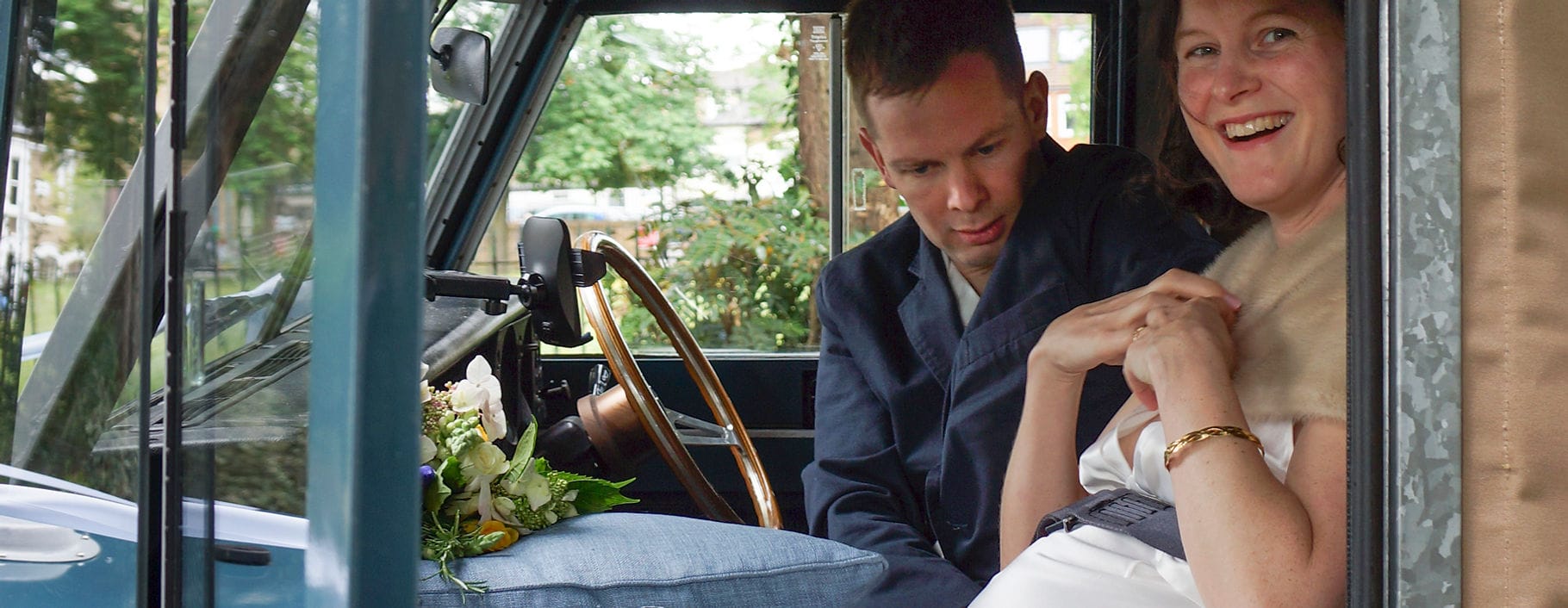 An EV Classics Series Land Rover at a wedding